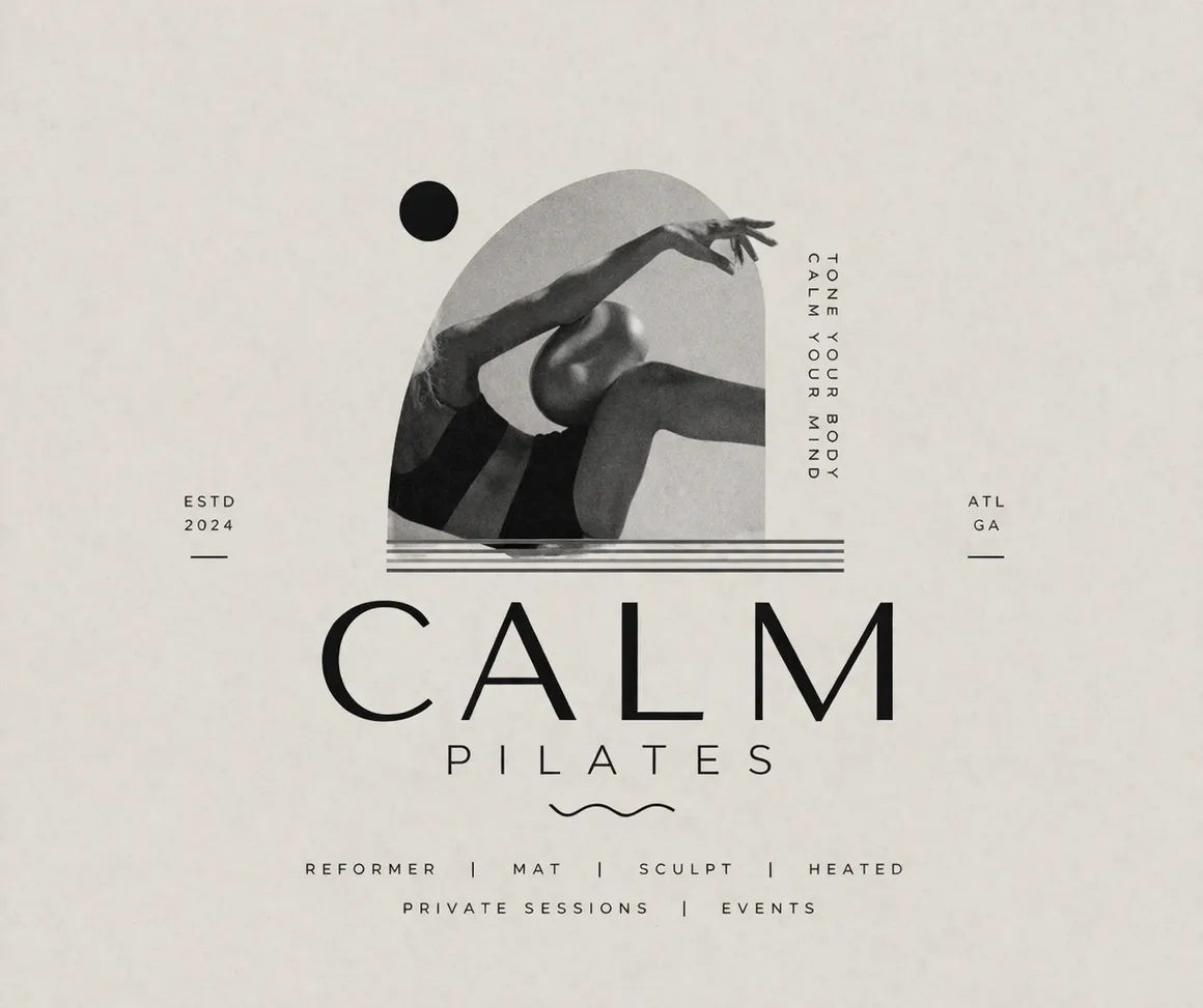 Calm Pilates artwork: a monochrome Pilates pose beneath an arch with the words Tone your body, Calm your mind.