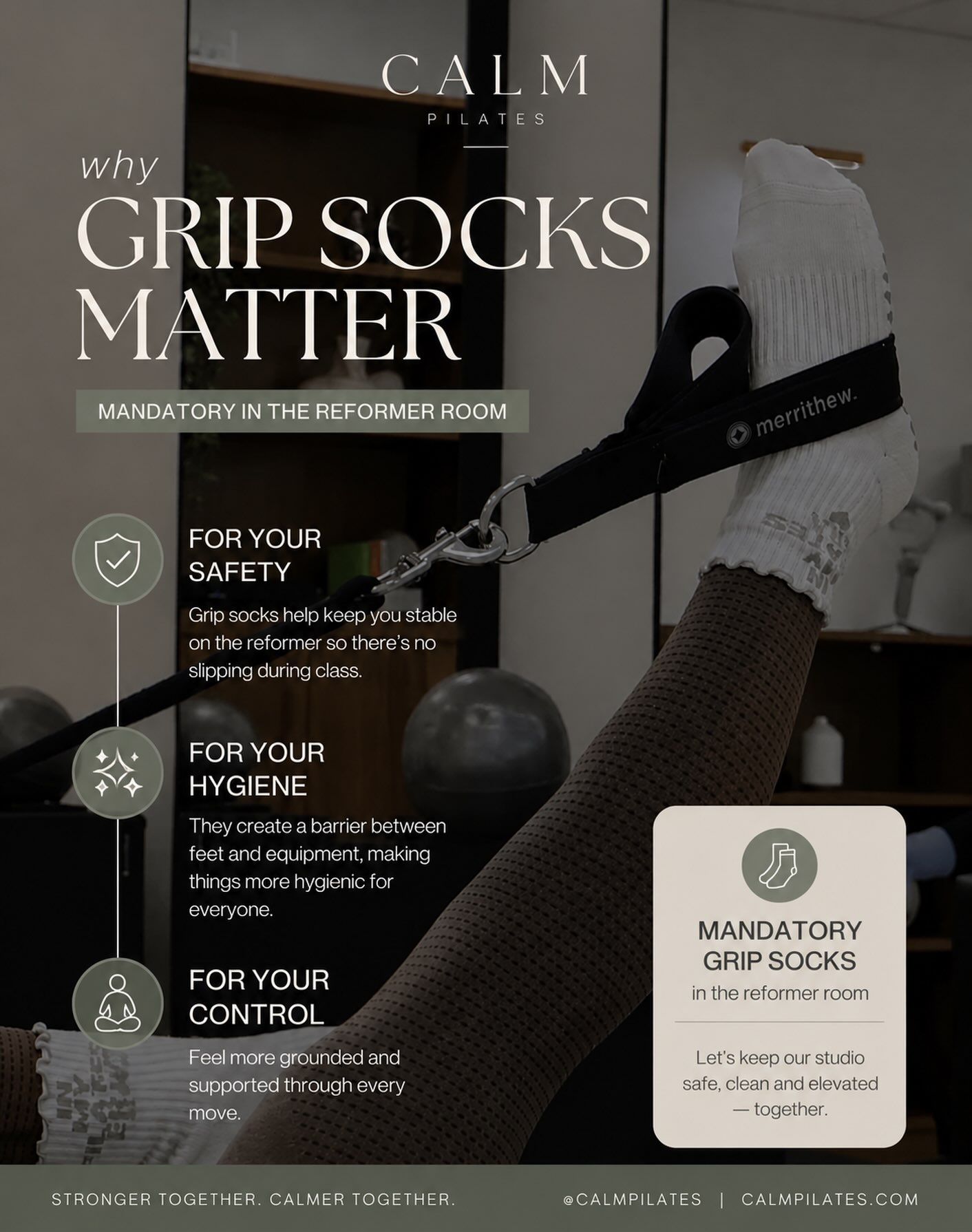 CALM Pilates grip-sock guidance shown over a reformer class image.